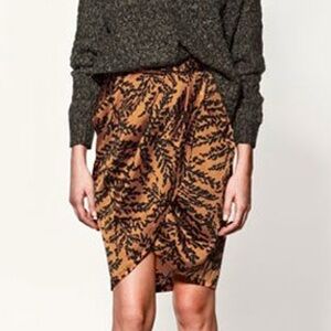 Zara Orange Black Floral Print Satin Draped Wrap Skirt Drapey